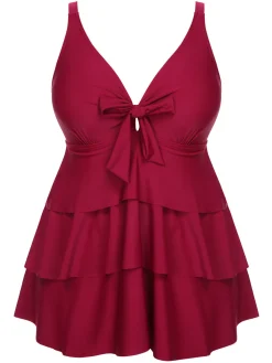 Fashion Retro Stage [Plus Size] 1950s Solid Front Tie Ruffle Swimsuit