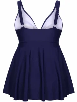 Fashion Retro Stage [Plus Size] 1950s Solid Front Tie Ruffle Swimsuit