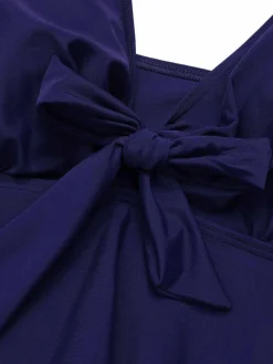 Fashion Retro Stage [Plus Size] 1950s Solid Front Tie Ruffle Swimsuit