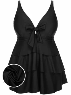 Fashion Retro Stage [Plus Size] 1950s Solid Front Tie Ruffle Swimsuit