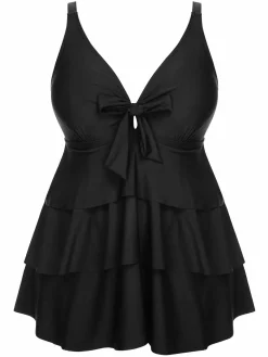 Fashion Retro Stage [Plus Size] 1950s Solid Front Tie Ruffle Swimsuit