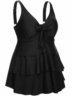 Fashion Retro Stage [Plus Size] 1950s Solid Front Tie Ruffle Swimsuit