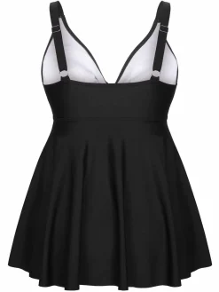 Fashion Retro Stage [Plus Size] 1950s Solid Front Tie Ruffle Swimsuit