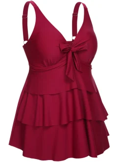 Fashion Retro Stage [Plus Size] 1950s Solid Front Tie Ruffle Swimsuit