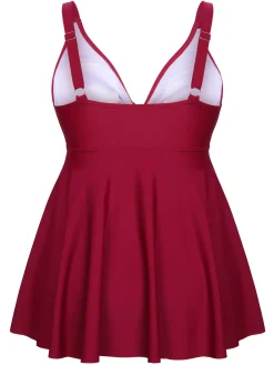 Fashion Retro Stage [Plus Size] 1950s Solid Front Tie Ruffle Swimsuit