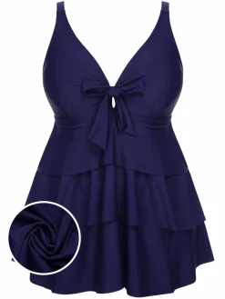 Fashion Retro Stage [Plus Size] 1950s Solid Front Tie Ruffle Swimsuit