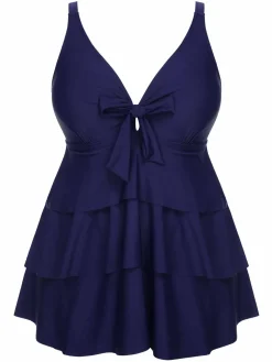 Fashion Retro Stage [Plus Size] 1950s Solid Front Tie Ruffle Swimsuit