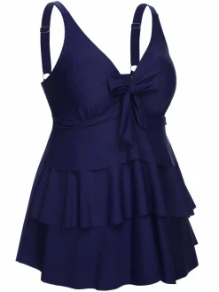 Fashion Retro Stage [Plus Size] 1950s Solid Front Tie Ruffle Swimsuit