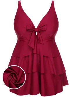 New Retro Stage [Plus Size] 1950s Solid Front Tie Ruffle Swimsuit