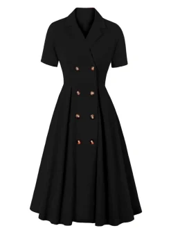Hot Retro Stage [Plus Size] 1950s Solid Lapel Button Swing Dress