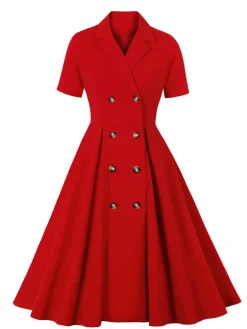 Hot Retro Stage [Plus Size] 1950s Solid Lapel Button Swing Dress