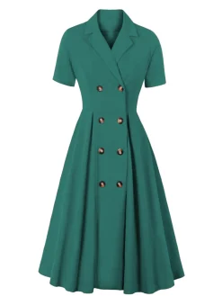 Hot Retro Stage [Plus Size] 1950s Solid Lapel Button Swing Dress