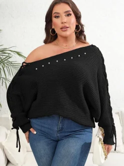 Discount Retro Stage [Plus Size] 1950s Solid Pearl Lace-Up Sleeve One Shoulder Sweater