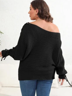 Discount Retro Stage [Plus Size] 1950s Solid Pearl Lace-Up Sleeve One Shoulder Sweater