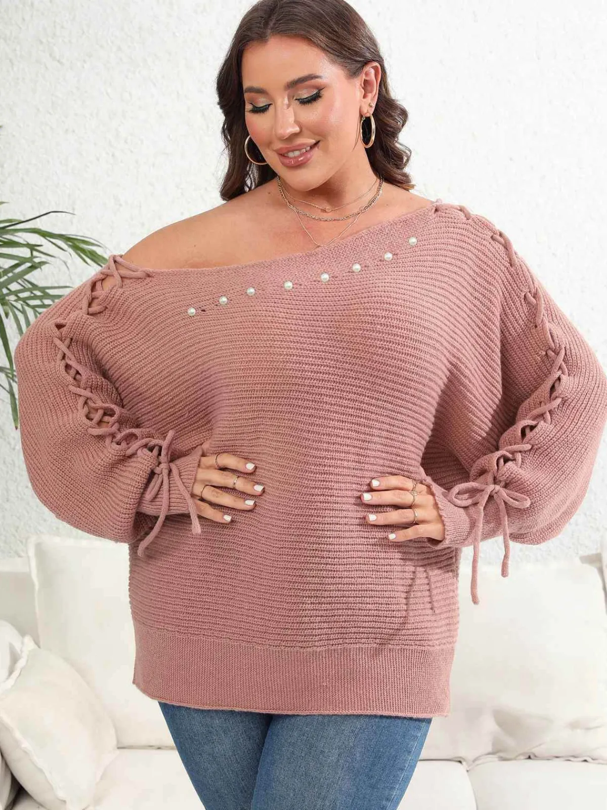Discount Retro Stage [Plus Size] 1950s Solid Pearl Lace-Up Sleeve One Shoulder Sweater