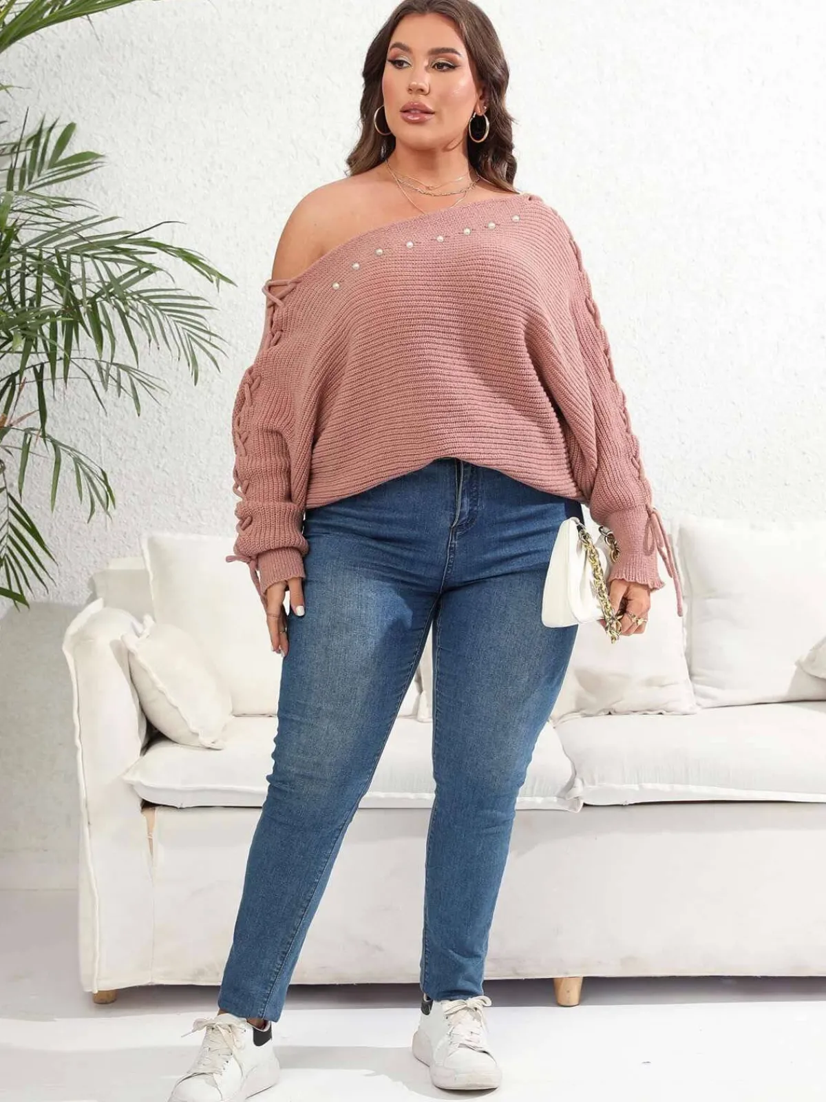 Discount Retro Stage [Plus Size] 1950s Solid Pearl Lace-Up Sleeve One Shoulder Sweater