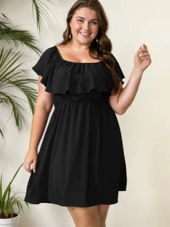 Discount Retro Stage [Plus Size] 1950s Solid Ruffle Neck Off Shoulder Dress
