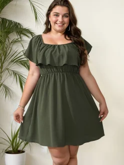 Discount Retro Stage [Plus Size] 1950s Solid Ruffle Neck Off Shoulder Dress