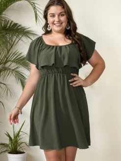 Discount Retro Stage [Plus Size] 1950s Solid Ruffle Neck Off Shoulder Dress
