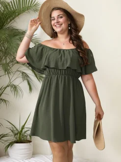 Discount Retro Stage [Plus Size] 1950s Solid Ruffle Neck Off Shoulder Dress
