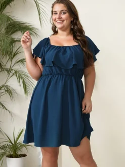 Discount Retro Stage [Plus Size] 1950s Solid Ruffle Neck Off Shoulder Dress