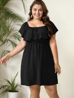 Discount Retro Stage [Plus Size] 1950s Solid Ruffle Neck Off Shoulder Dress