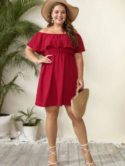 Discount Retro Stage [Plus Size] 1950s Solid Ruffle Neck Off Shoulder Dress