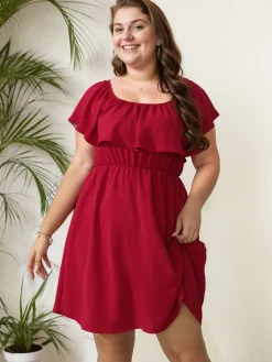 Discount Retro Stage [Plus Size] 1950s Solid Ruffle Neck Off Shoulder Dress
