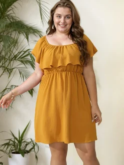 Discount Retro Stage [Plus Size] 1950s Solid Ruffle Neck Off Shoulder Dress