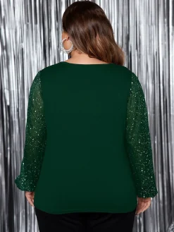 New Retro Stage [Plus Size] 1950s Solid Sequined Patchwork Top