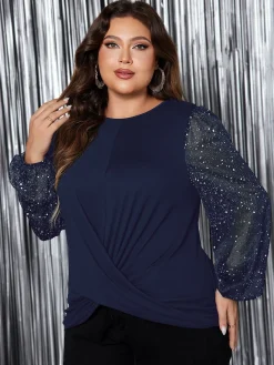 New Retro Stage [Plus Size] 1950s Solid Sequined Patchwork Top