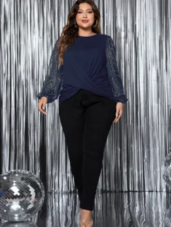 New Retro Stage [Plus Size] 1950s Solid Sequined Patchwork Top