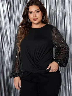 New Retro Stage [Plus Size] 1950s Solid Sequined Patchwork Top