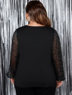 New Retro Stage [Plus Size] 1950s Solid Sequined Patchwork Top