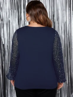 New Retro Stage [Plus Size] 1950s Solid Sequined Patchwork Top