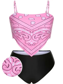 Discount Retro Stage [Plus Size] 1950s Spaghetti Strap Print Swimsuit