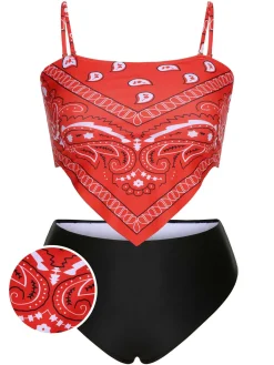Discount Retro Stage [Plus Size] 1950s Spaghetti Strap Print Swimsuit