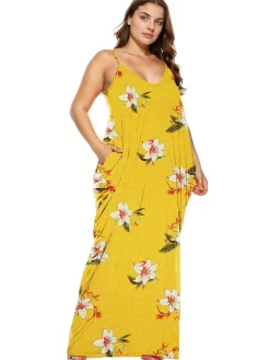 Best Retro Stage [Plus Size] 1960s Spaghetti Strap Floral Tulip Dress