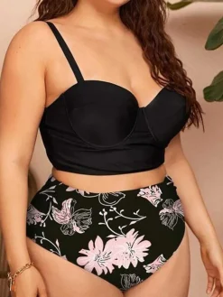 Best Retro Stage [Plus Size] 1950s Spaghetti Strap Floral Swimsuit