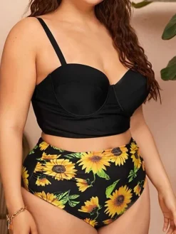 Best Retro Stage [Plus Size] 1950s Spaghetti Strap Floral Swimsuit
