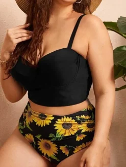 Best Retro Stage [Plus Size] 1950s Spaghetti Strap Floral Swimsuit