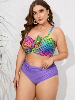 Clearance Retro Stage [Plus Size] 1960s Strap Colorful Plaids Bow Swimsuit Multicolor