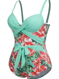 Sale Retro Stage [Plus Size] 1940s Strap Flowers One-Piece Swimsuit