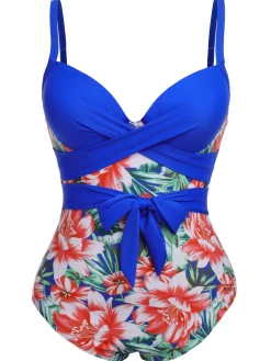 Sale Retro Stage [Plus Size] 1940s Strap Flowers One-Piece Swimsuit