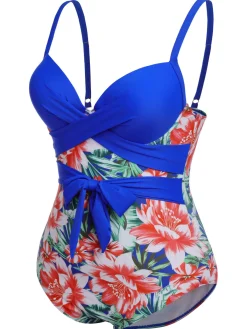 Sale Retro Stage [Plus Size] 1940s Strap Flowers One-Piece Swimsuit