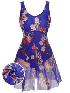 Best Retro Stage [Plus Size] 1940s Strap Print One-Piece Skirt Swimsuit