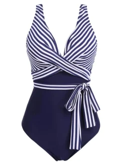 Fashion Retro Stage [Plus Size] 1950s Stripe Lace Up Patchwork One-Piece Swimsuit