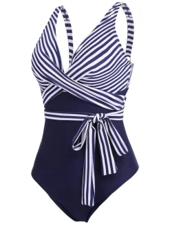 Fashion Retro Stage [Plus Size] 1950s Stripe Lace Up Patchwork One-Piece Swimsuit