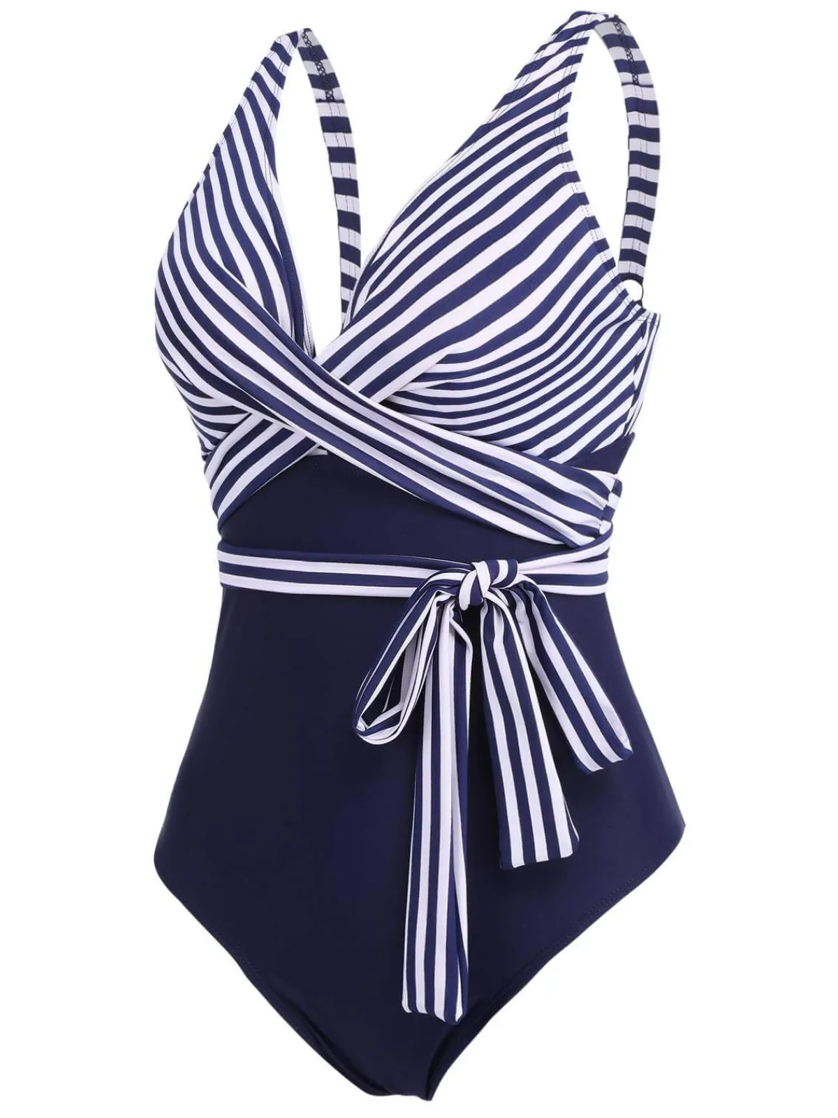 Fashion Retro Stage [Plus Size] 1950s Stripe Lace Up Patchwork One-Piece Swimsuit