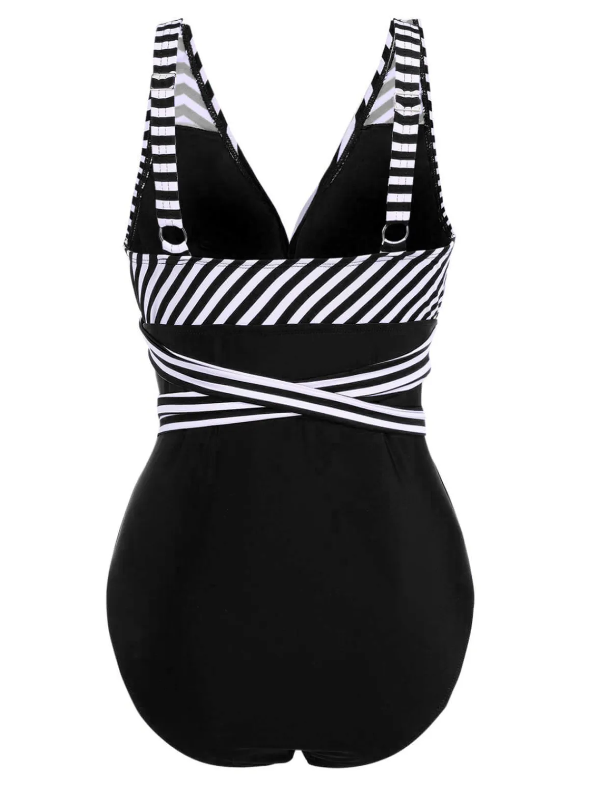 Fashion Retro Stage [Plus Size] 1950s Stripe Lace Up Patchwork One-Piece Swimsuit